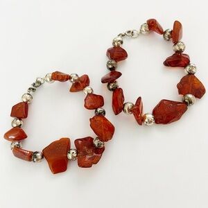 Set of 2 genuine raw amber and sterling silver beaded bracelets 7”